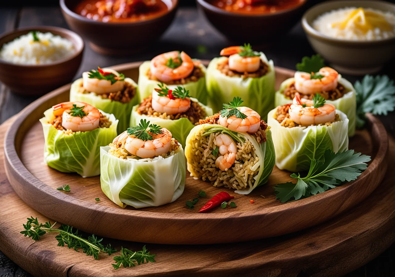 Wirsingrouladen mit Garnelen-Reis-Füllung