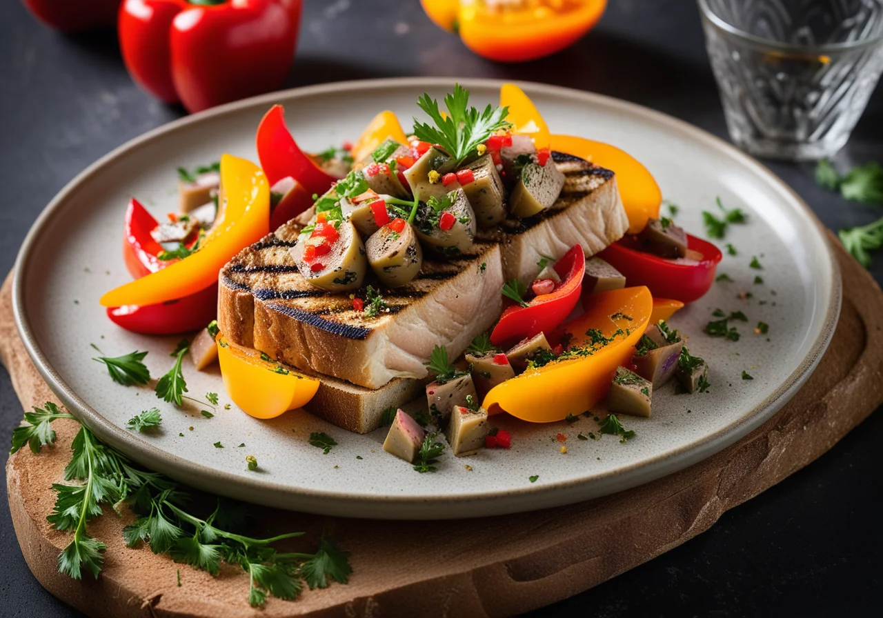 Mackerel Fillets on Bell Peppers and Capers with Bread