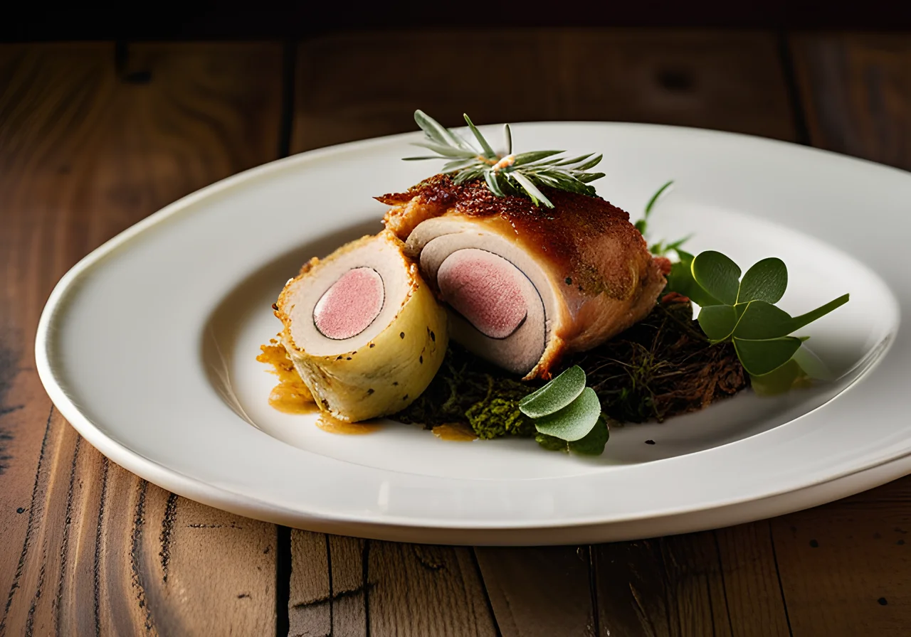 Pheasant Roulade with Wild Cabbage Wrap, Rösti and Sage