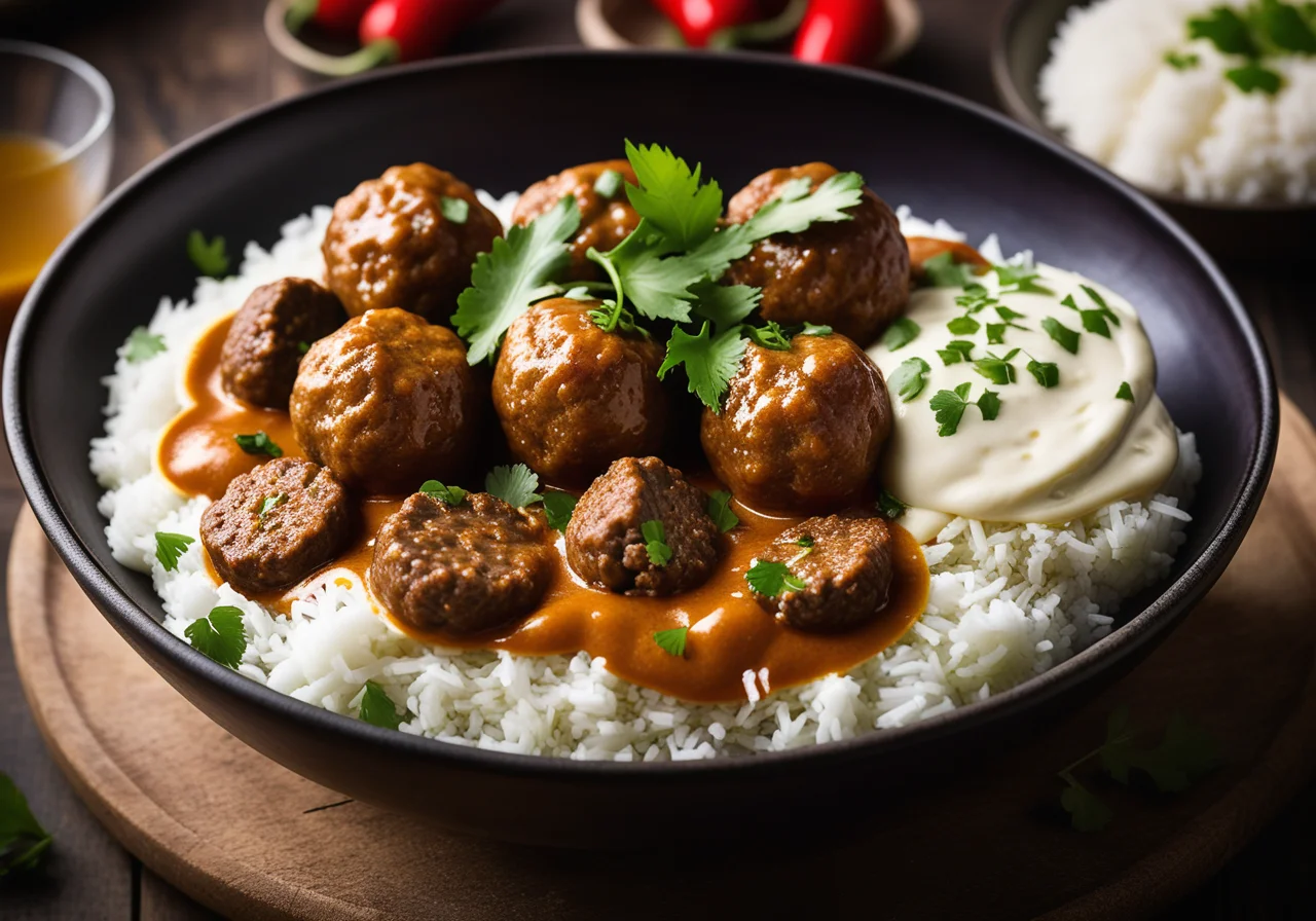 Curry with Ground Beef Meatballs and Mini Eggplants
