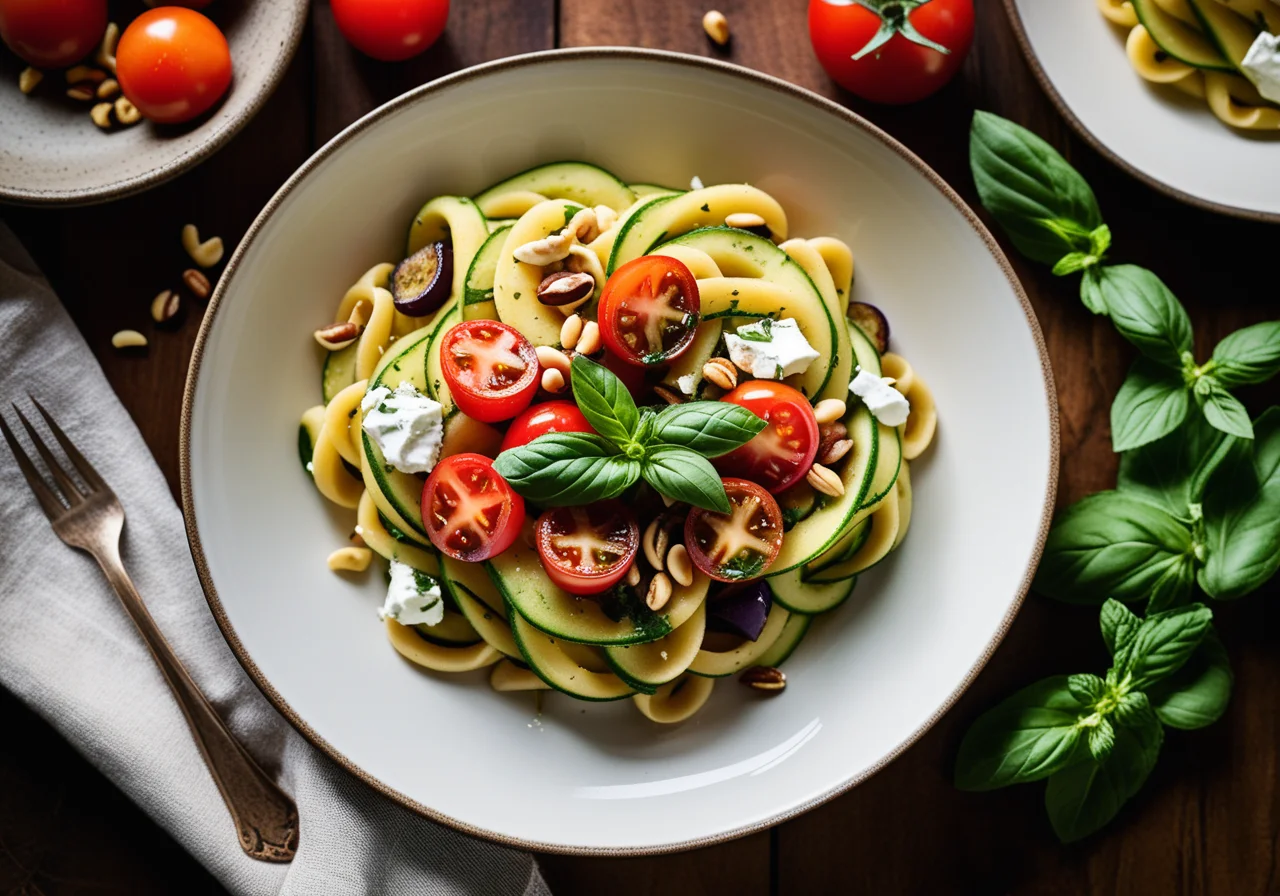 Pasta with Vegetables, Goat Cheese and Mint