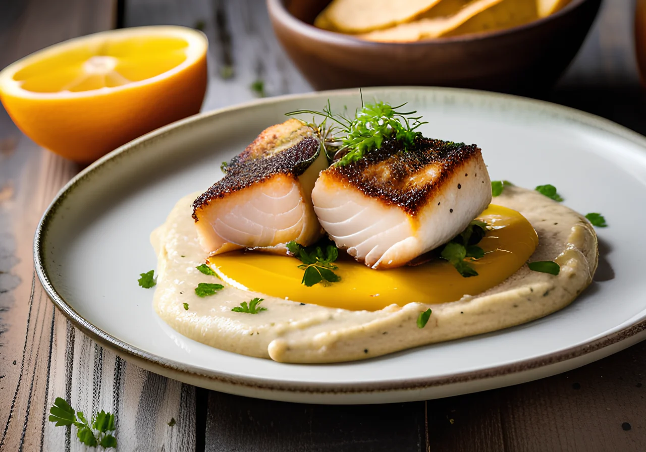 Pan‑fried Arctic Cod with Two Kinds of Hummus