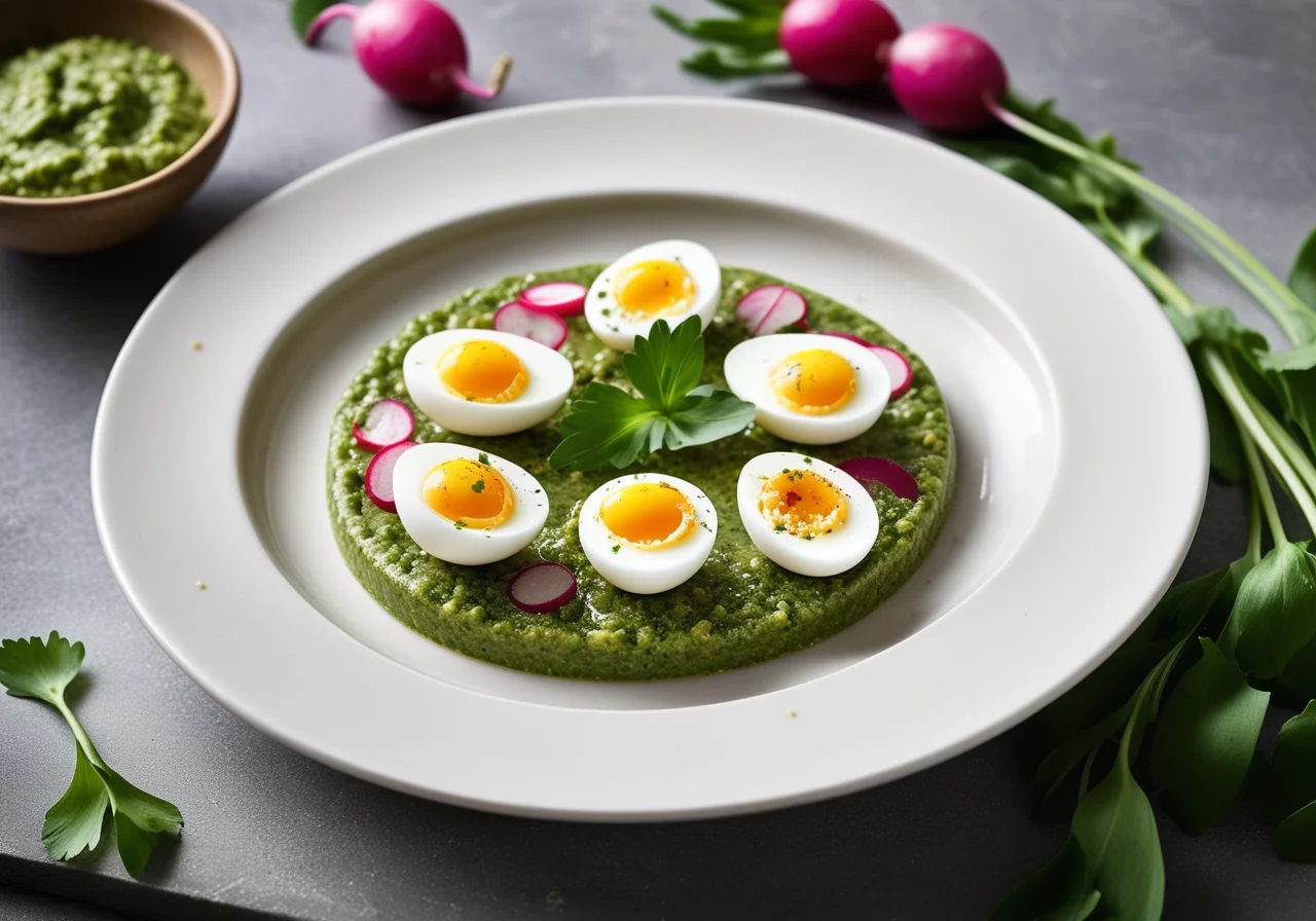Quail Eggs with Wild Garlic Pesto and Radishes