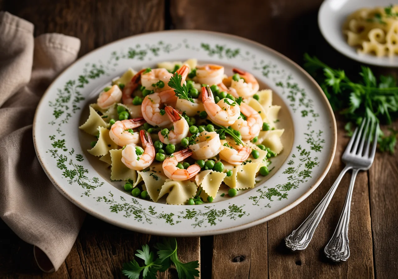 Pasta with peas and shrimp in cream sauce