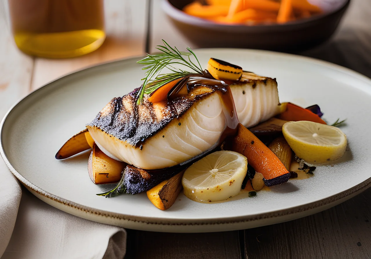 Grilled Alaska Cod with Oven Roasted Root Vegetables