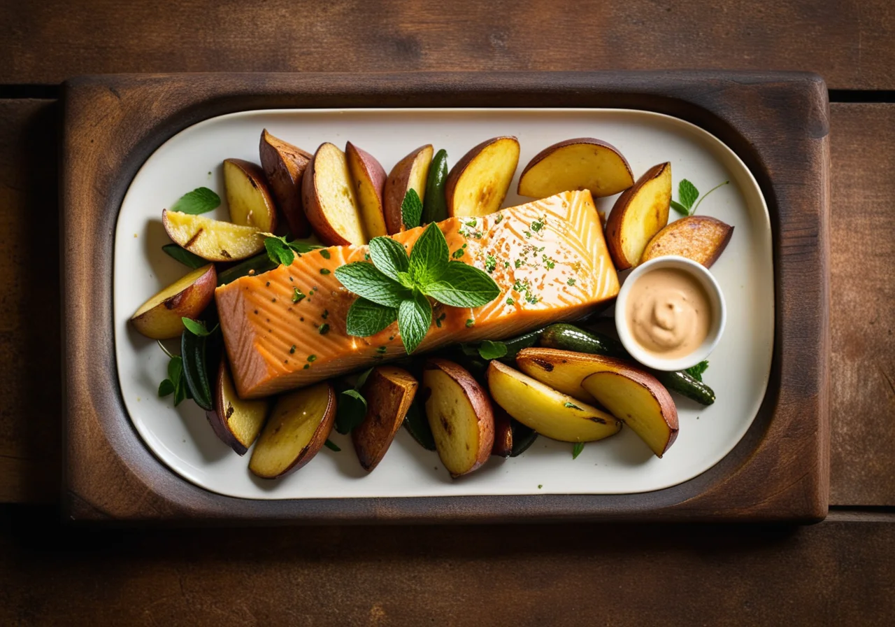 Salmon with Mustard Fruits & Zucchini-Patato Vegetable