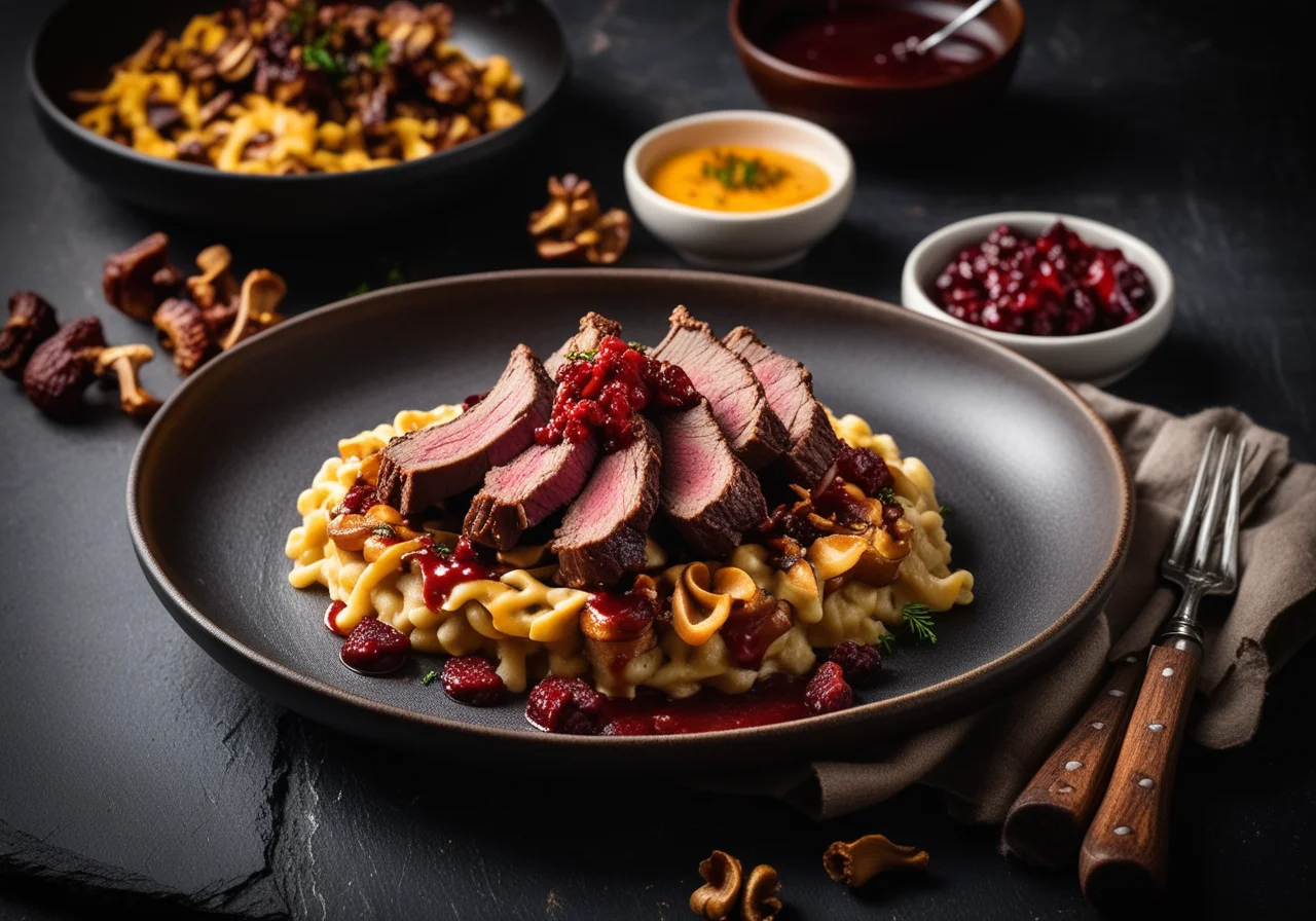 Venison Back Ribs with Spaetzle and Chanterelle Mushrooms