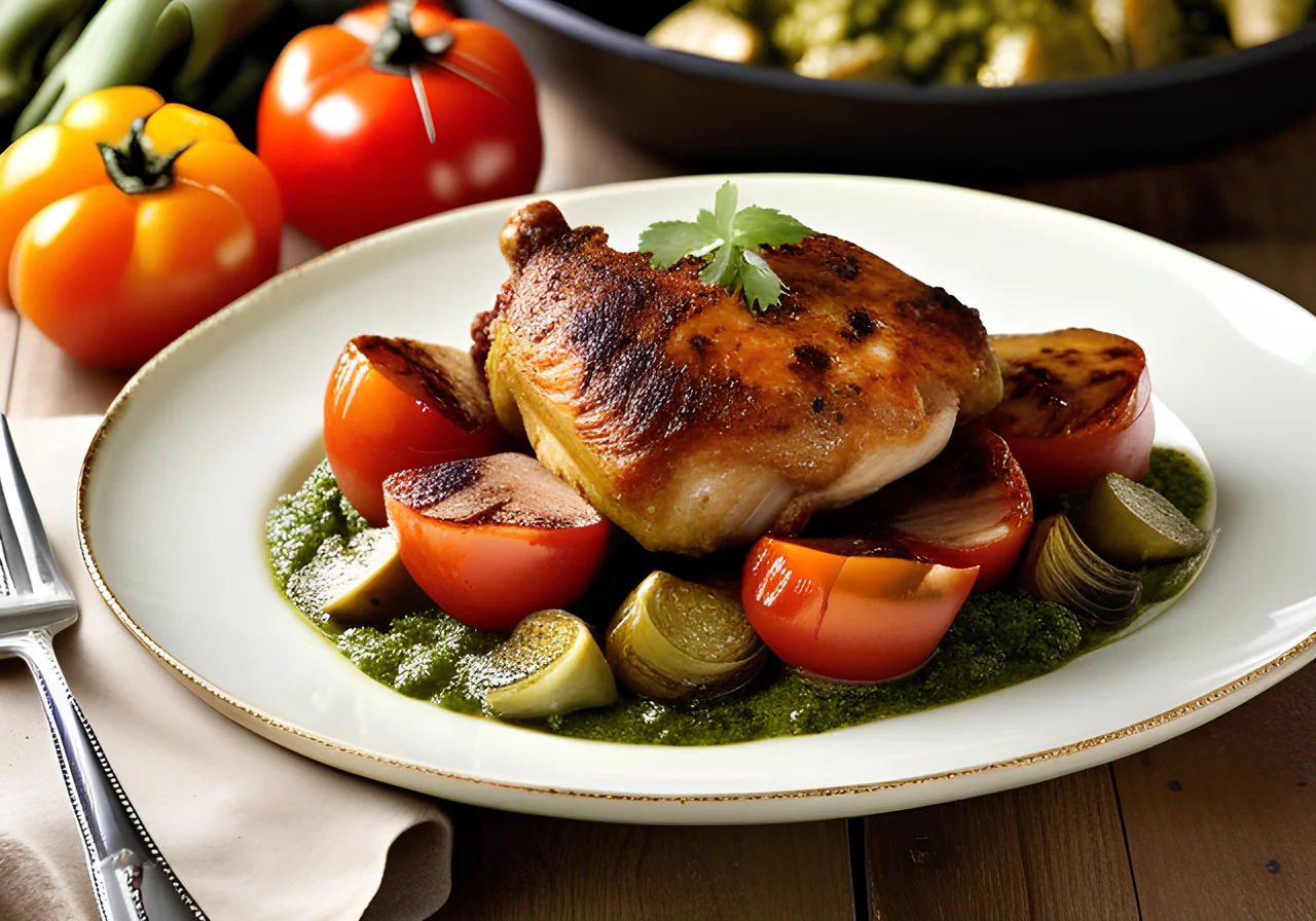 Pearl Chicken with Pesto Crust and Artichokes