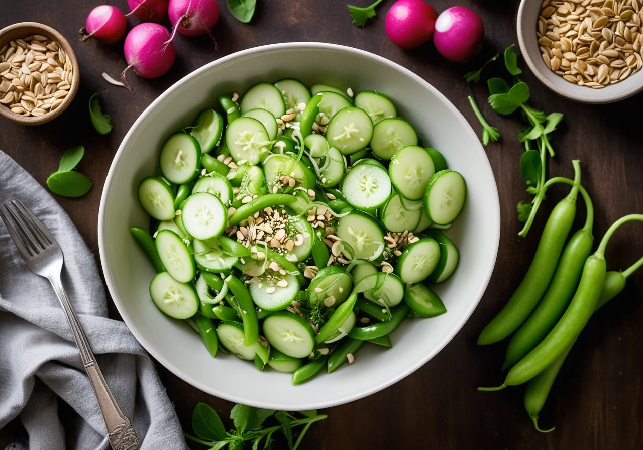 Sugar Snap Pea Cucumber Salad with Radishes and Sesame Seeds