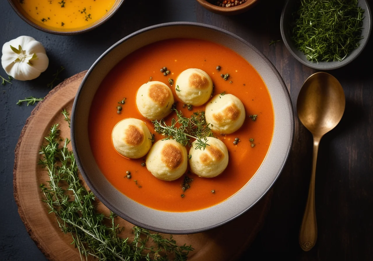 Paprika Soup with Polenta-Feta Dumplings