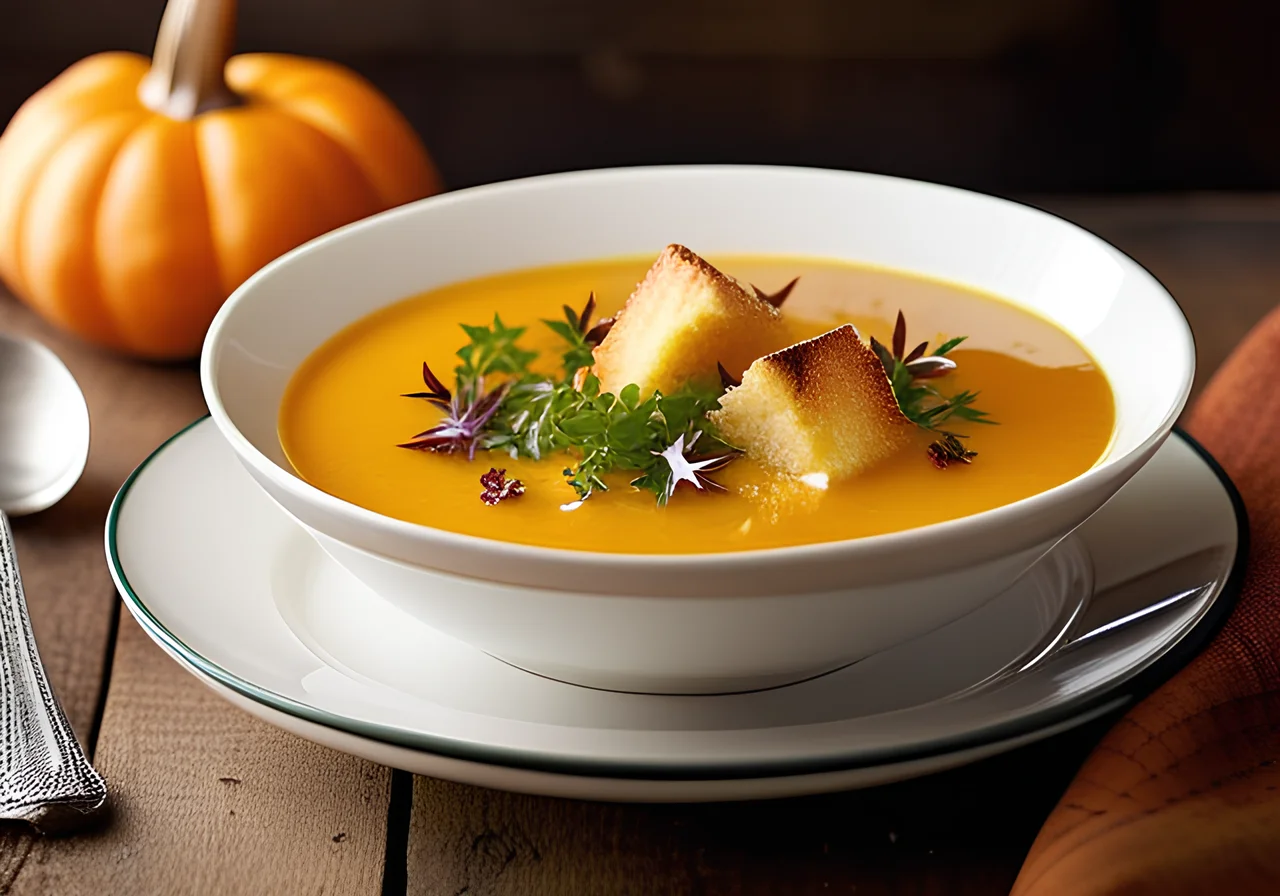 Pumpkin Sweet Potato Soup with Apple and Croutons