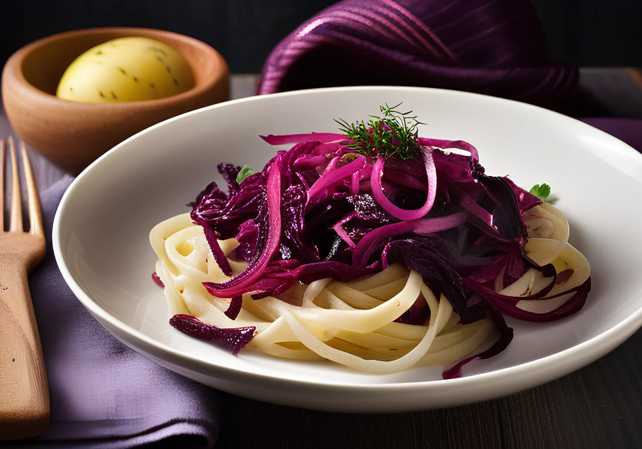 Potato Noodles with Braised Red Cabbage and Red Onions