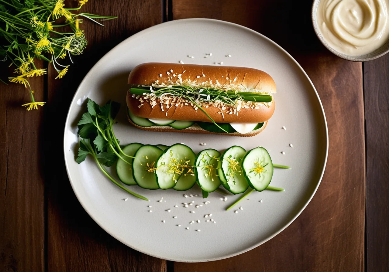 Sesame stick topped with cucumber, radishes and sprouts