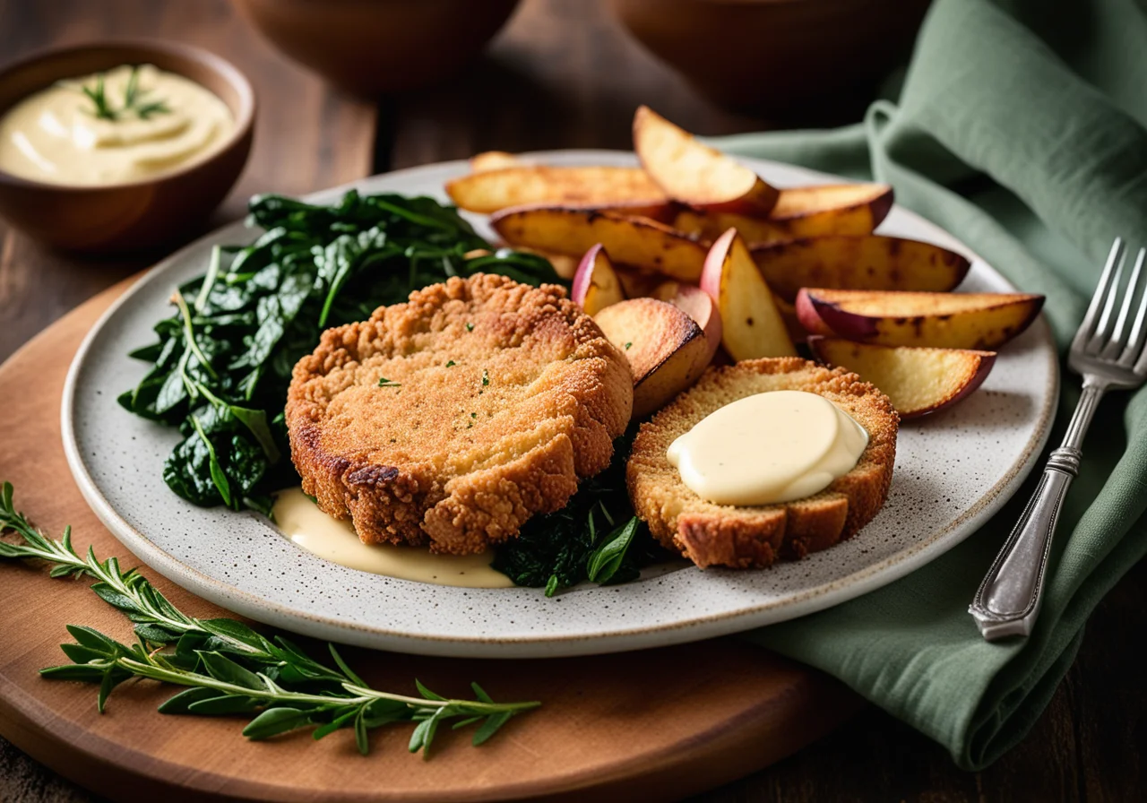 Breaded Pork Chops with Spinach and Fried Potatoes