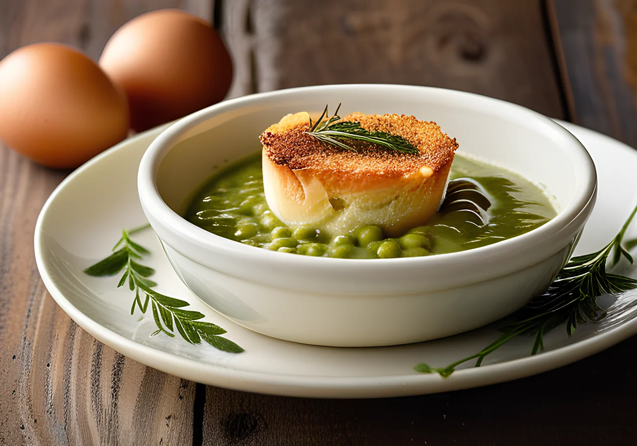 Oeufs cocotte with Peas and Sage