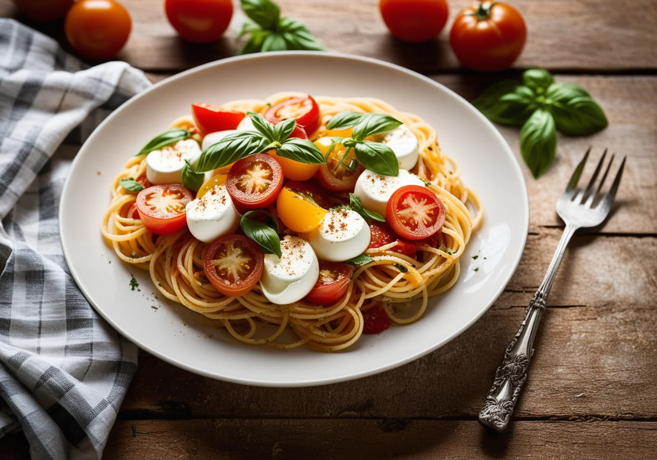 Spaghetti with Garlic Tomato Croutons and Mozzarella
