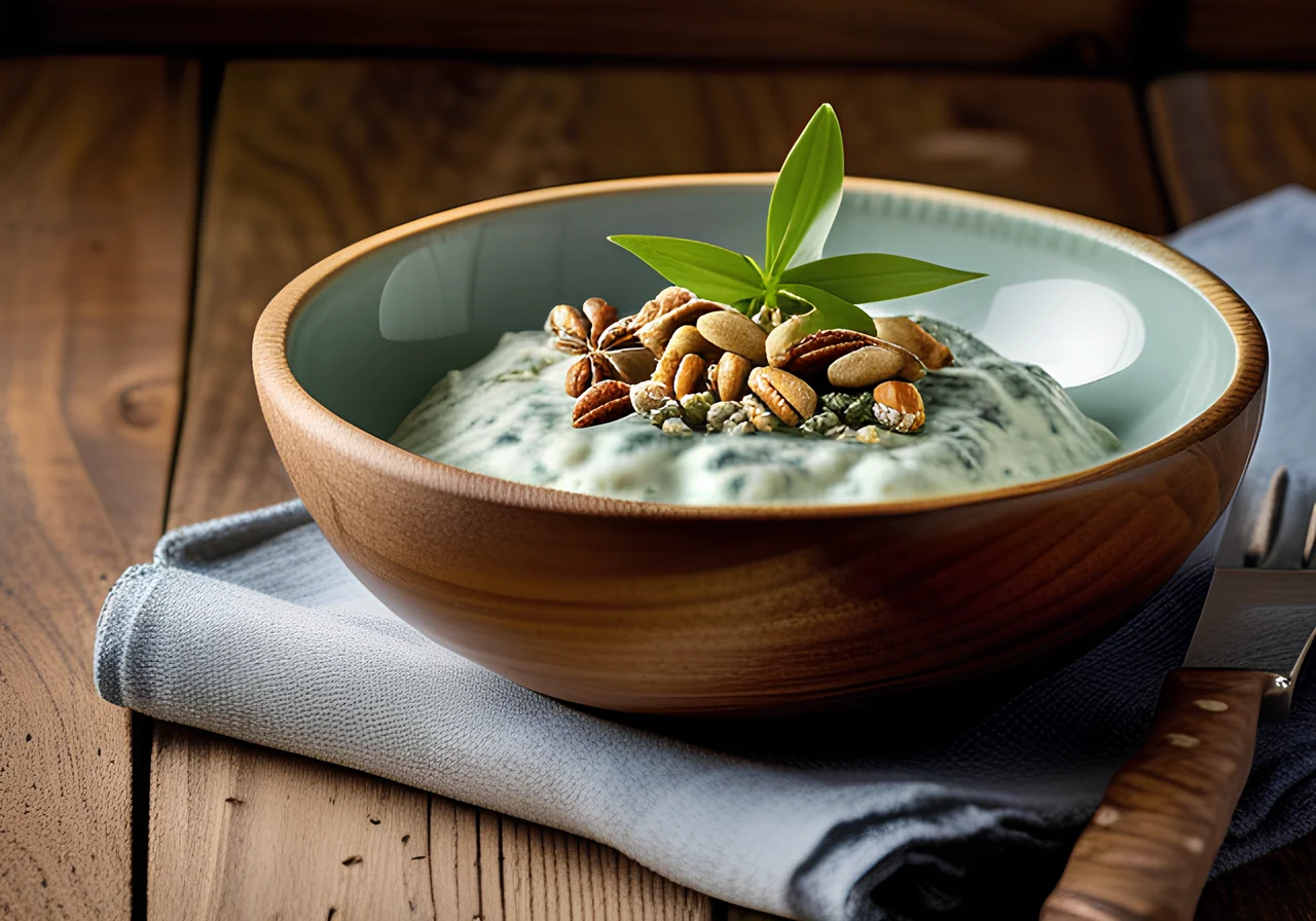 Gorgonzola and Wild Garlic Cream with Pine Nuts