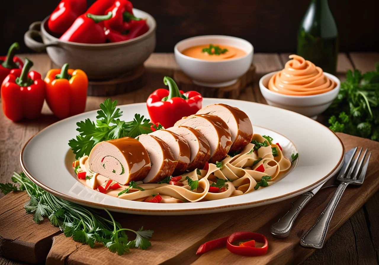 Turkey Roulade with Cheese-Ham Filling and Ribbon Pasta