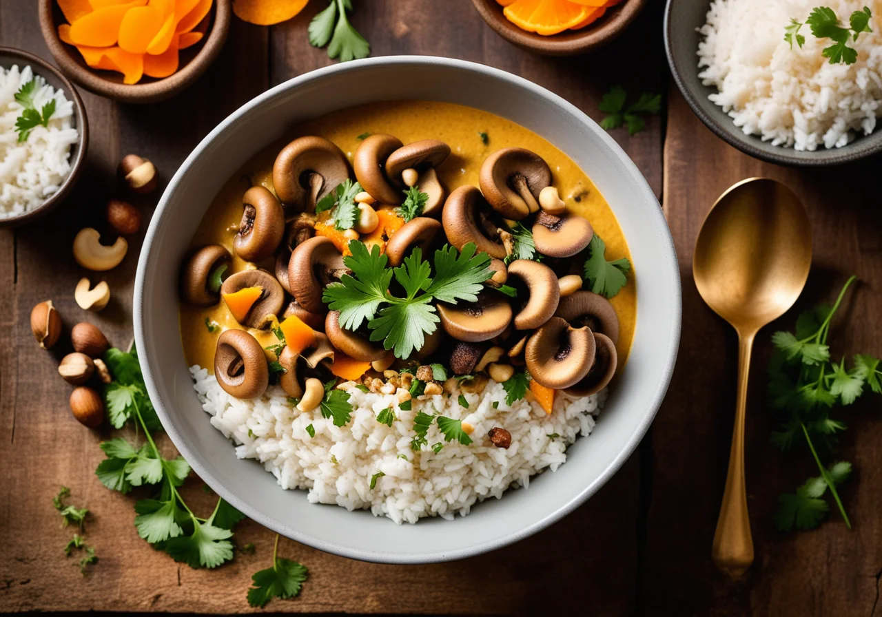 Mushroom Curry with Carrots and Onions served with Rice