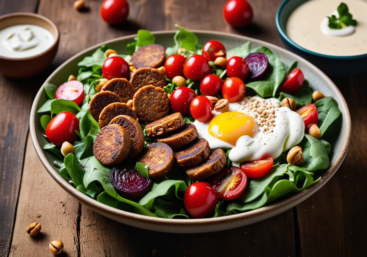 Salad with Tomatoes, Mushrooms and Chickpea Patties