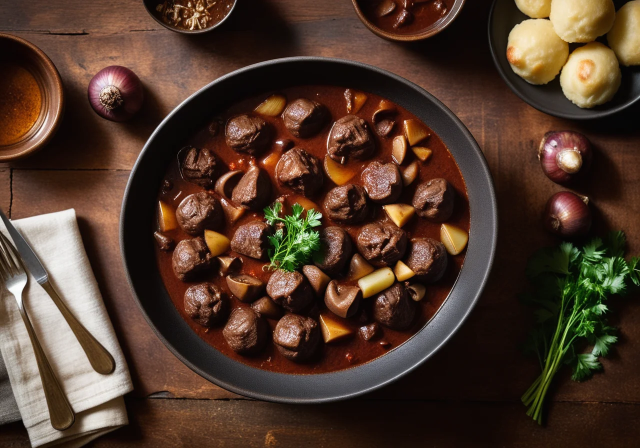 Venison Goulash with Pearl Onions and Serviette Dumplings
