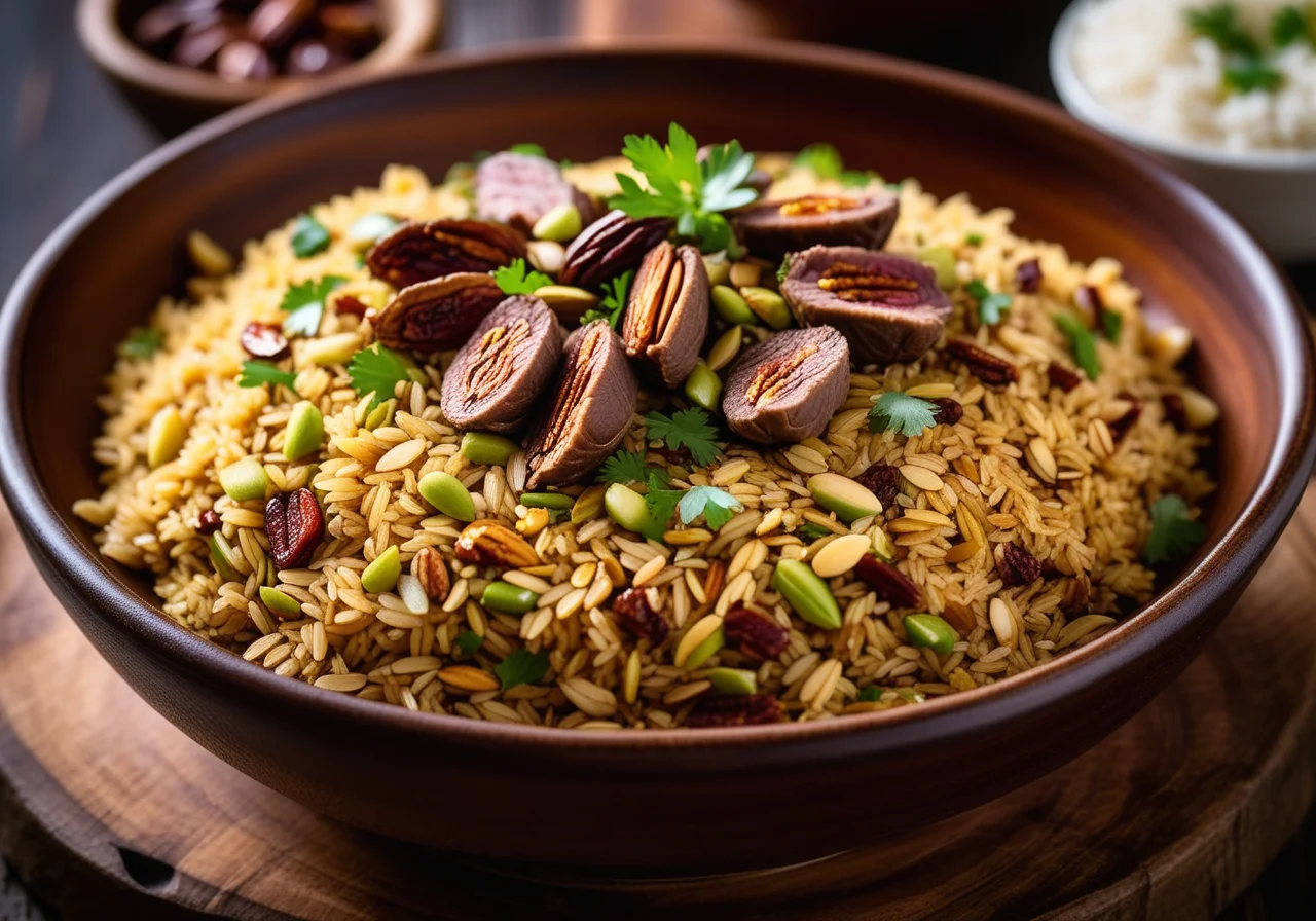 Rice with Lamb Ground Meat, Dates, Pistachios and Parsley