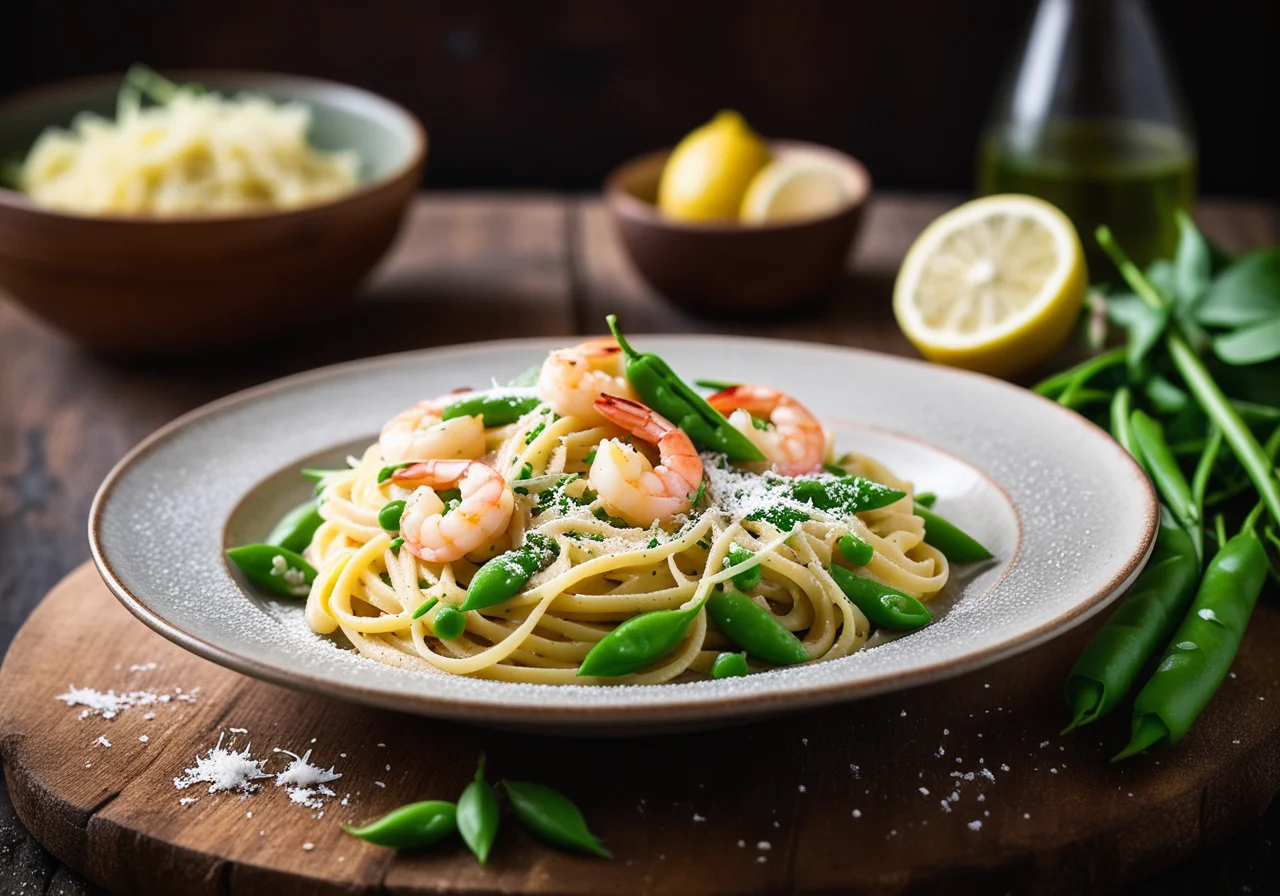 Pasta with Shrimp, Snow Peas and Lemon