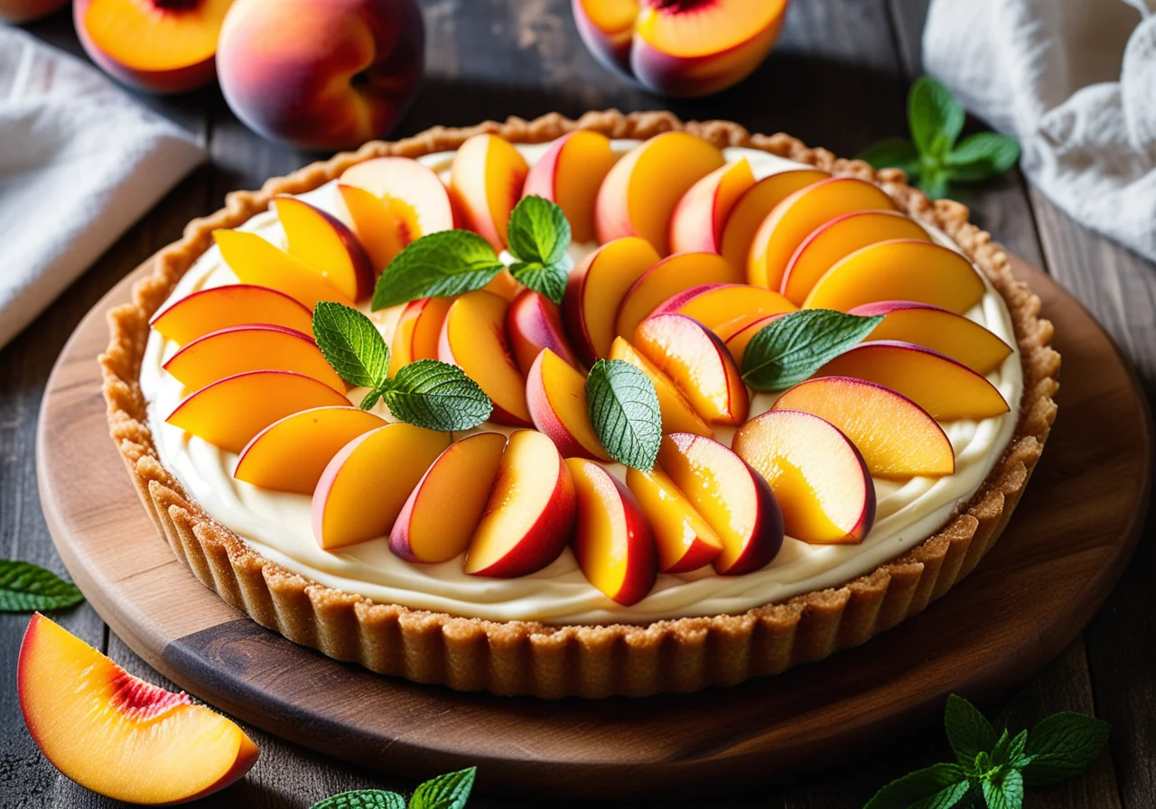 White Chocolate Cream Cheese Tart with Peaches on Crumb Base