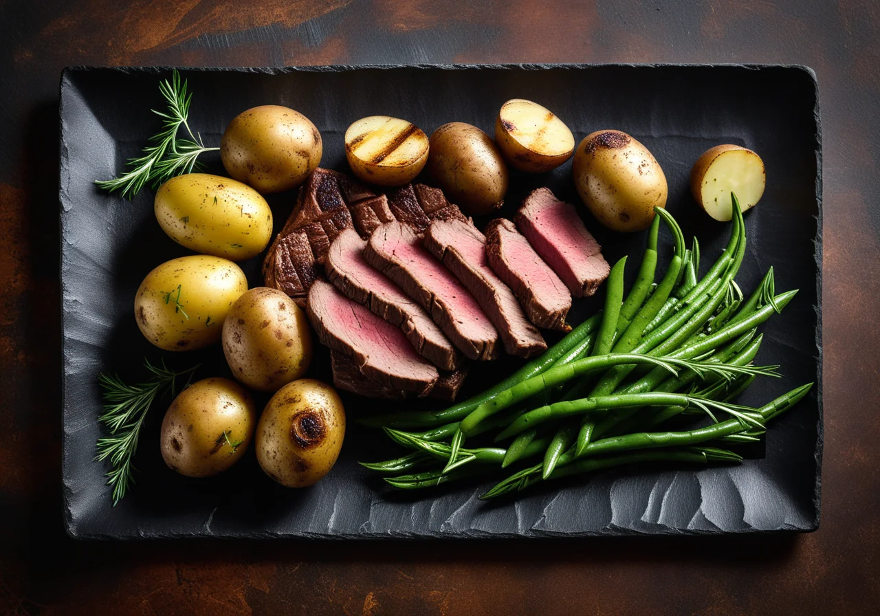 Rib Steak with Beans, Foil Potatoes and Dill Sauce