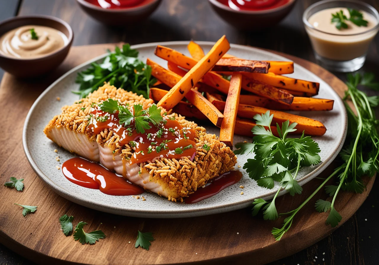 Pan-fried Sesame Fish with Sweet Potato Fries and Ketchup