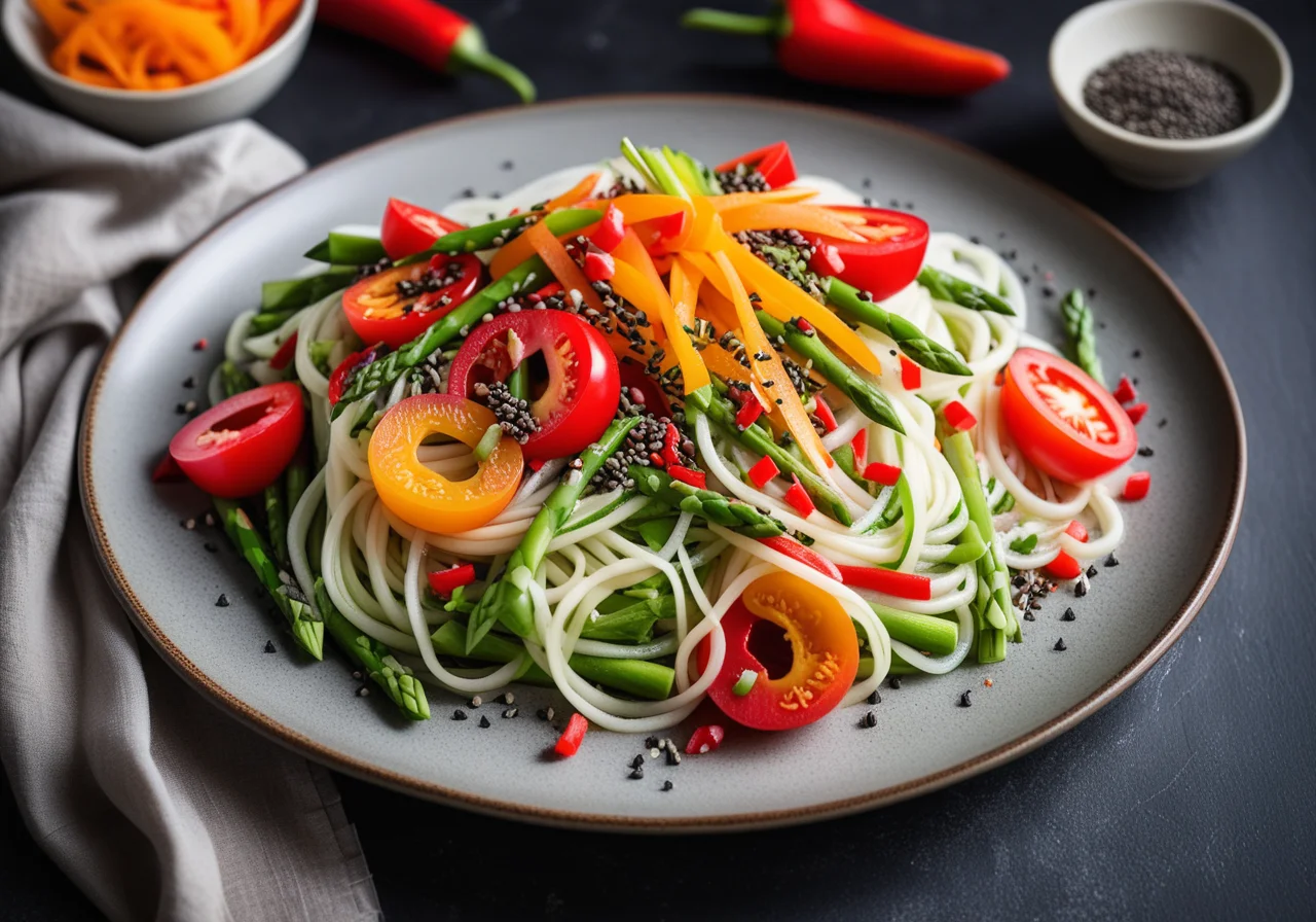 Glass noodle salad with bell pepper and asparagus
