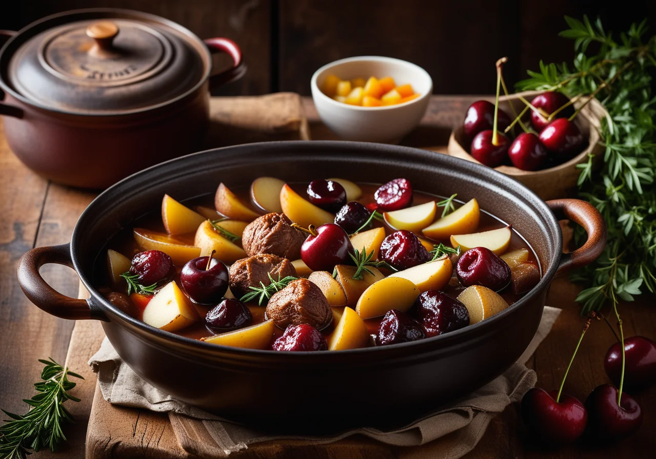 Duck Pot with Potatoes, Cherries and Apples