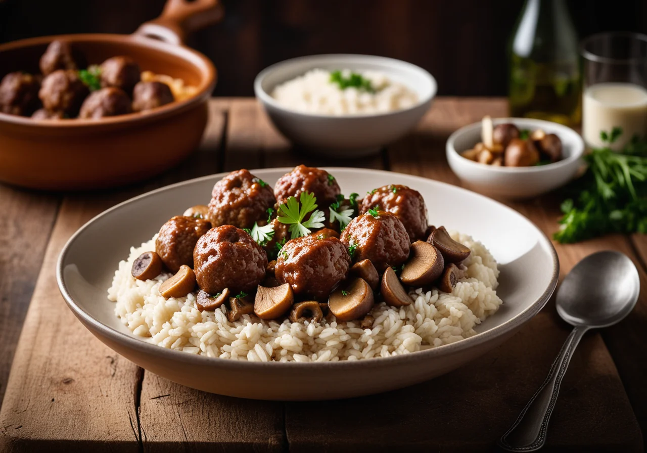 Veal Goulash with Meatballs, Cream Sauce, Mushrooms and Rice