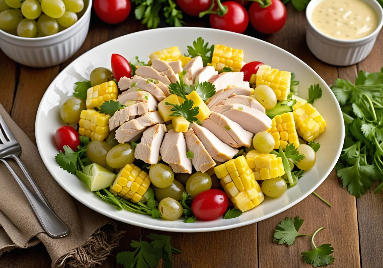 Chicken Vegetable Salad with Yellow Mayonnaise, Grapes and Pineapple