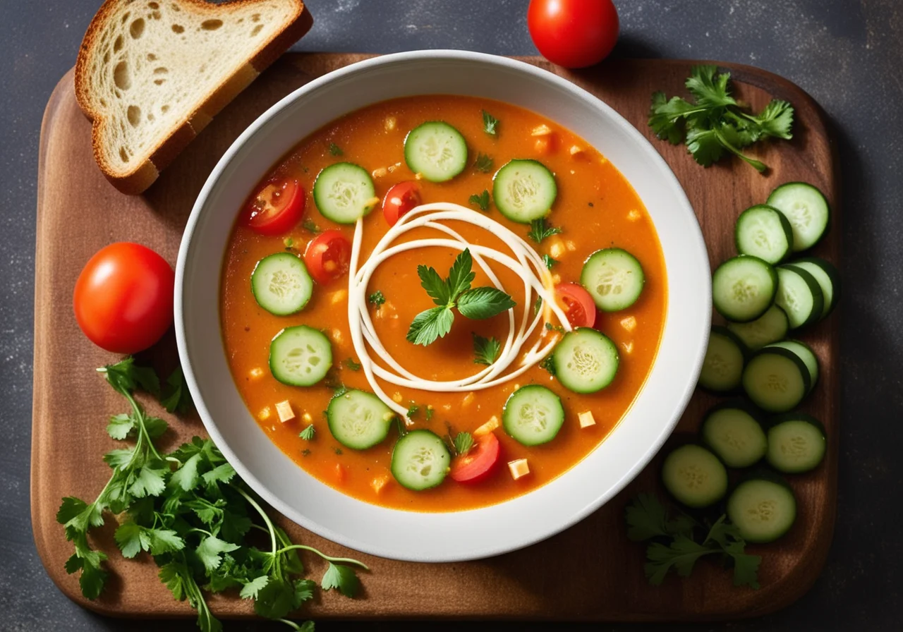 Cold vegetable soup with cheese toast
