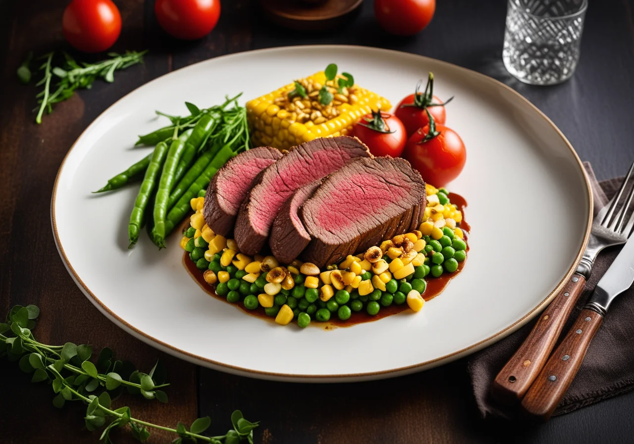 Beef Fillet with Pea and Corn Vegetables