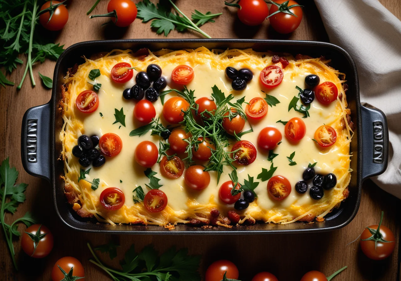 Potato Gratin with Cherry Tomatoes, Olives and Rocket