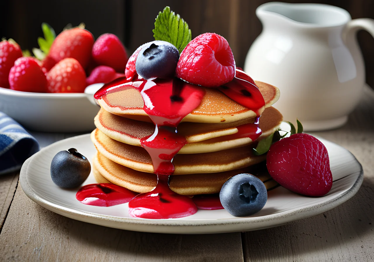 Strawberry Pancakes with Blueberries and Raspberries