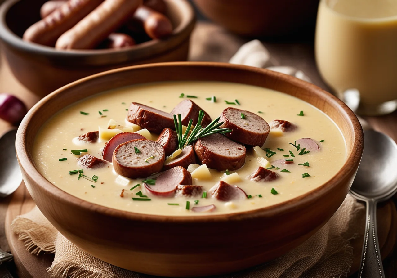 Potato Soup with Roasted Onions and Sausages