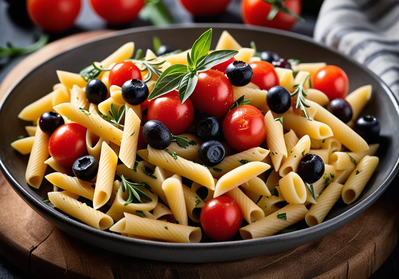 Pasta Salad with Ham, Olives, Mozzarella, Capers and Tomatoes
