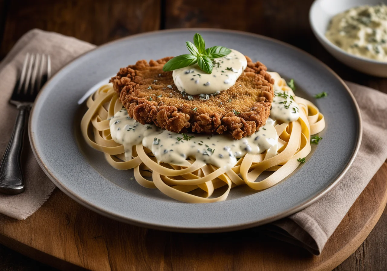 Veal Schnitzel with Gorgonzola Cap and Wide Noodles