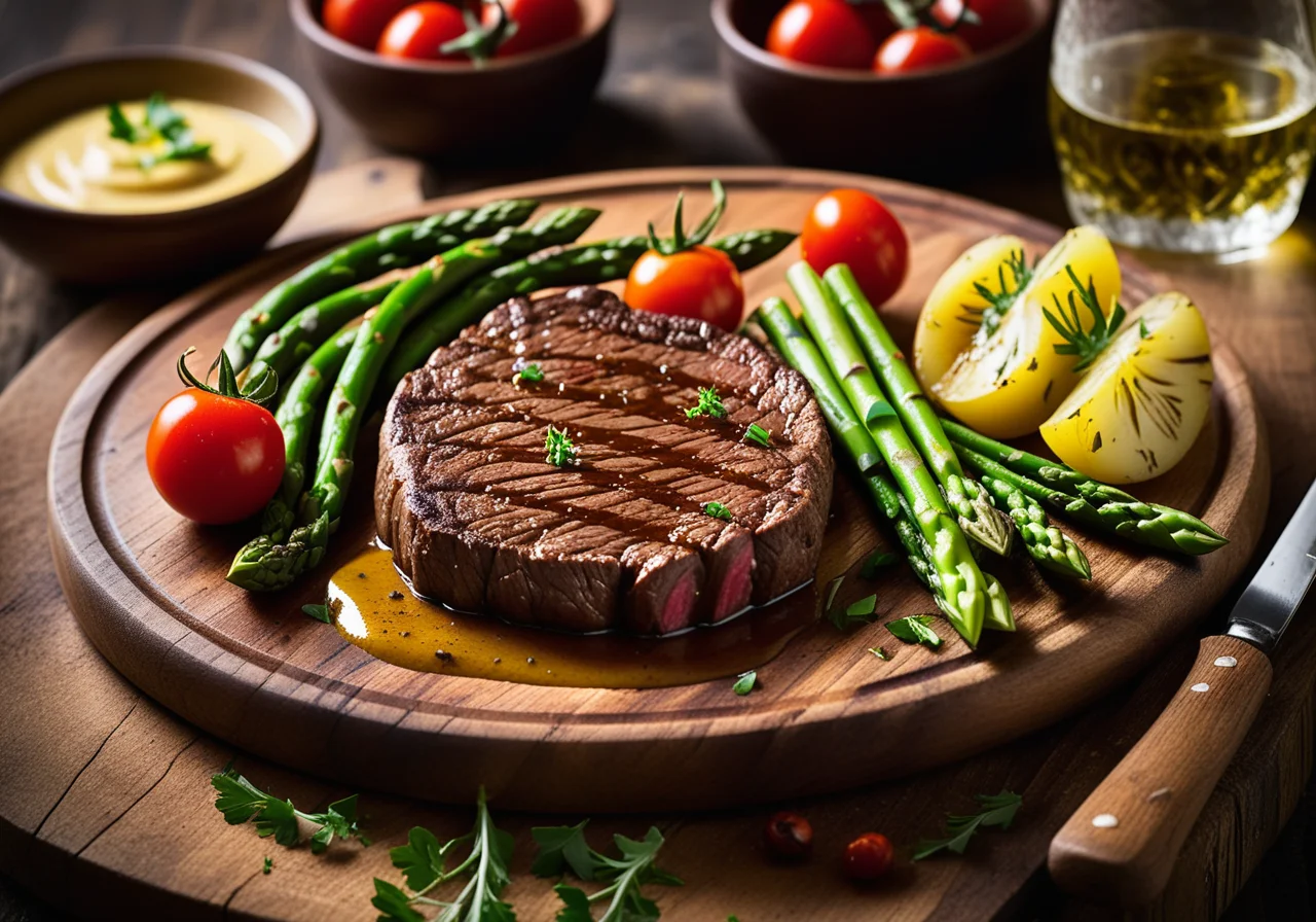 Rumpsteak with green asparagus, cherry tomatoes and steamed potatoes