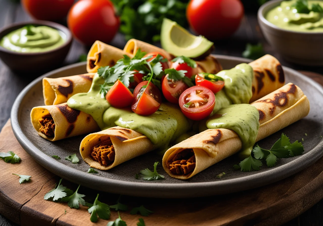 Taquitos with Avocado Dip and Tomatillo Dip