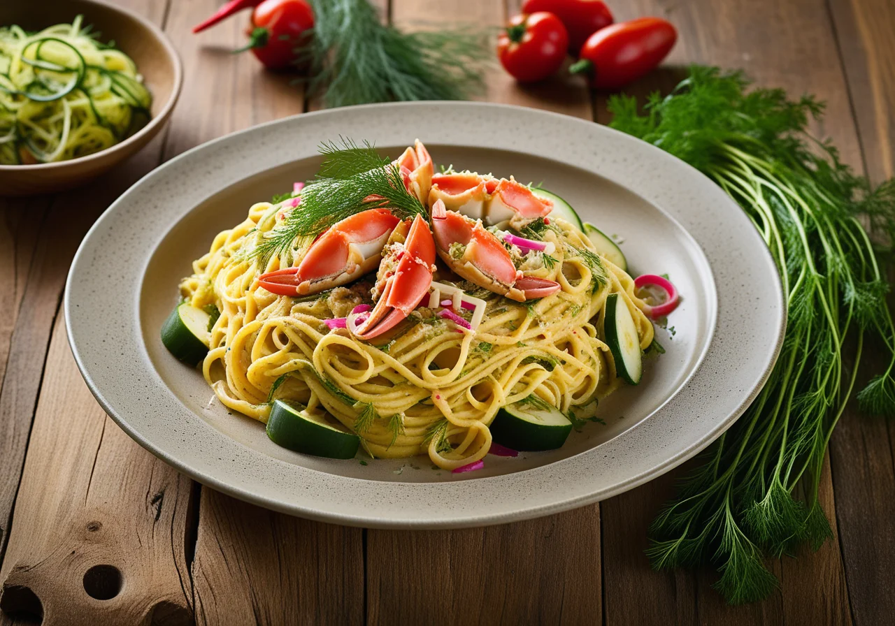 Spaghetti with Vegetables and Crab