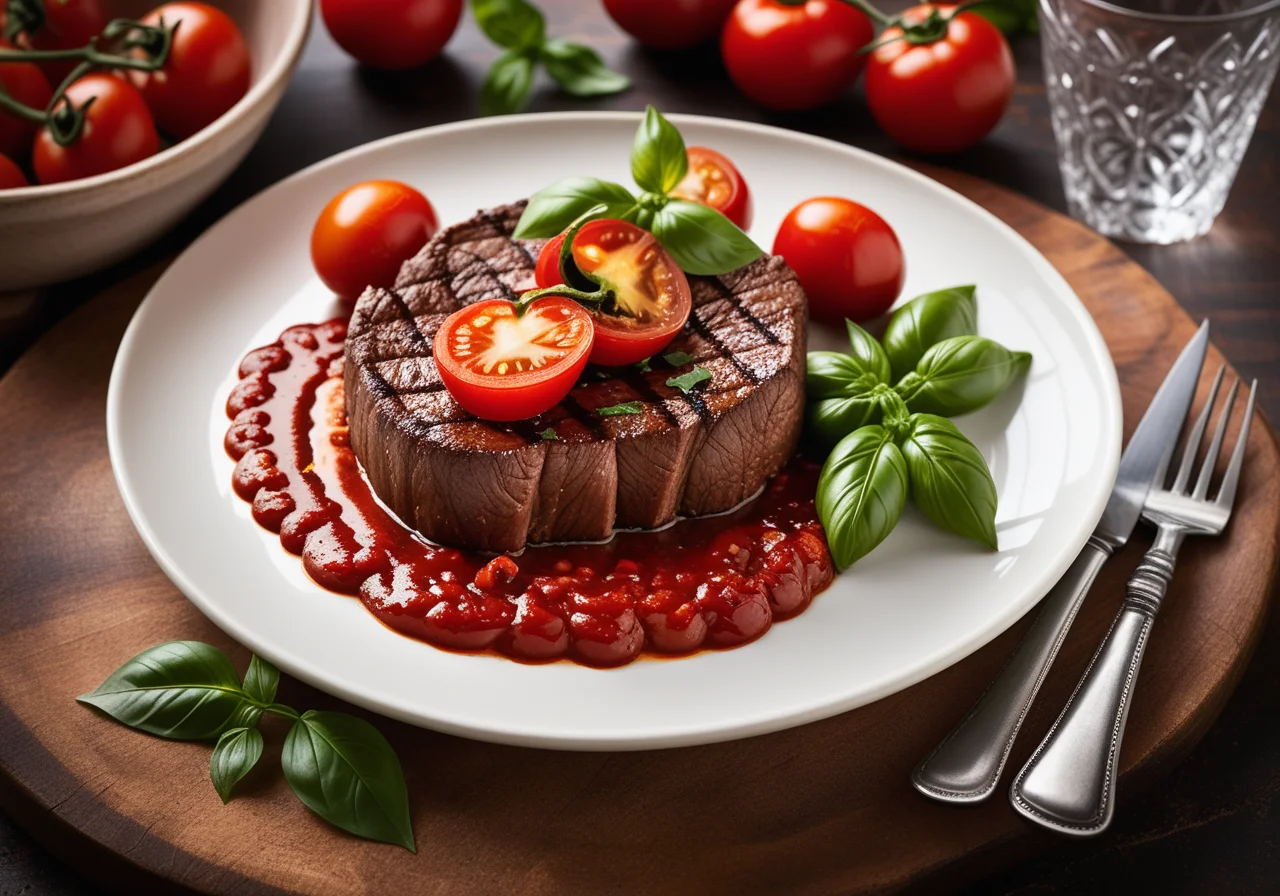 Beef steak with spicy tomato sauce