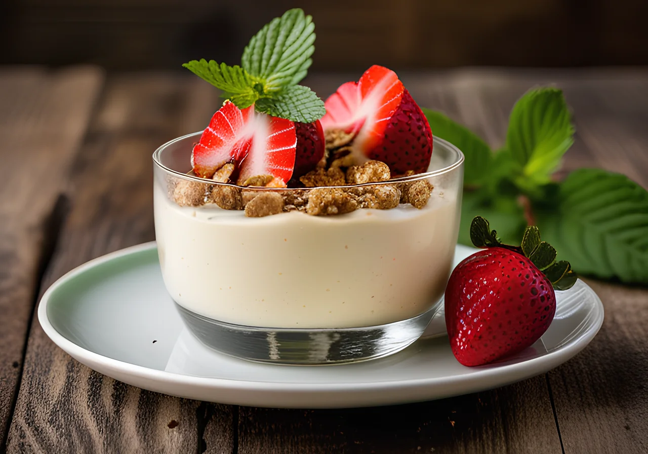 Buttermilk Mousse with Strawberries and Nut Pesto
