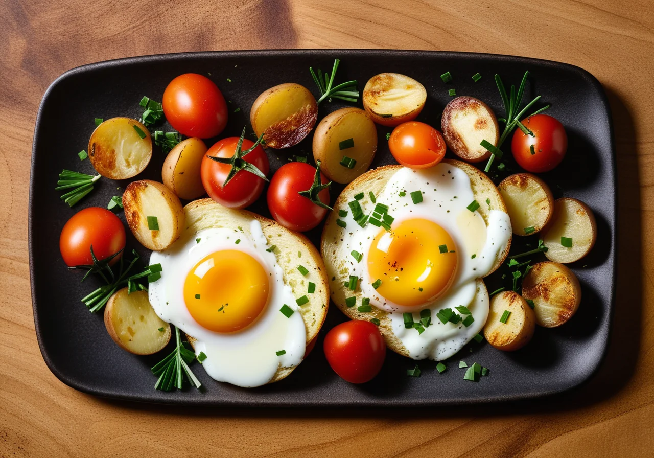 Breakfast in English Style with Fried Potatoes and Sunny-Side-Up Eggs