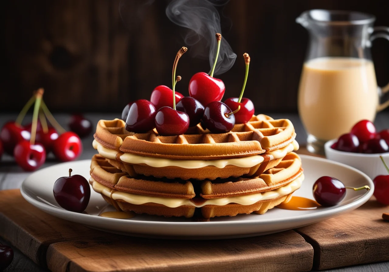 Mini Waffles with Vanilla Cream and Cherries