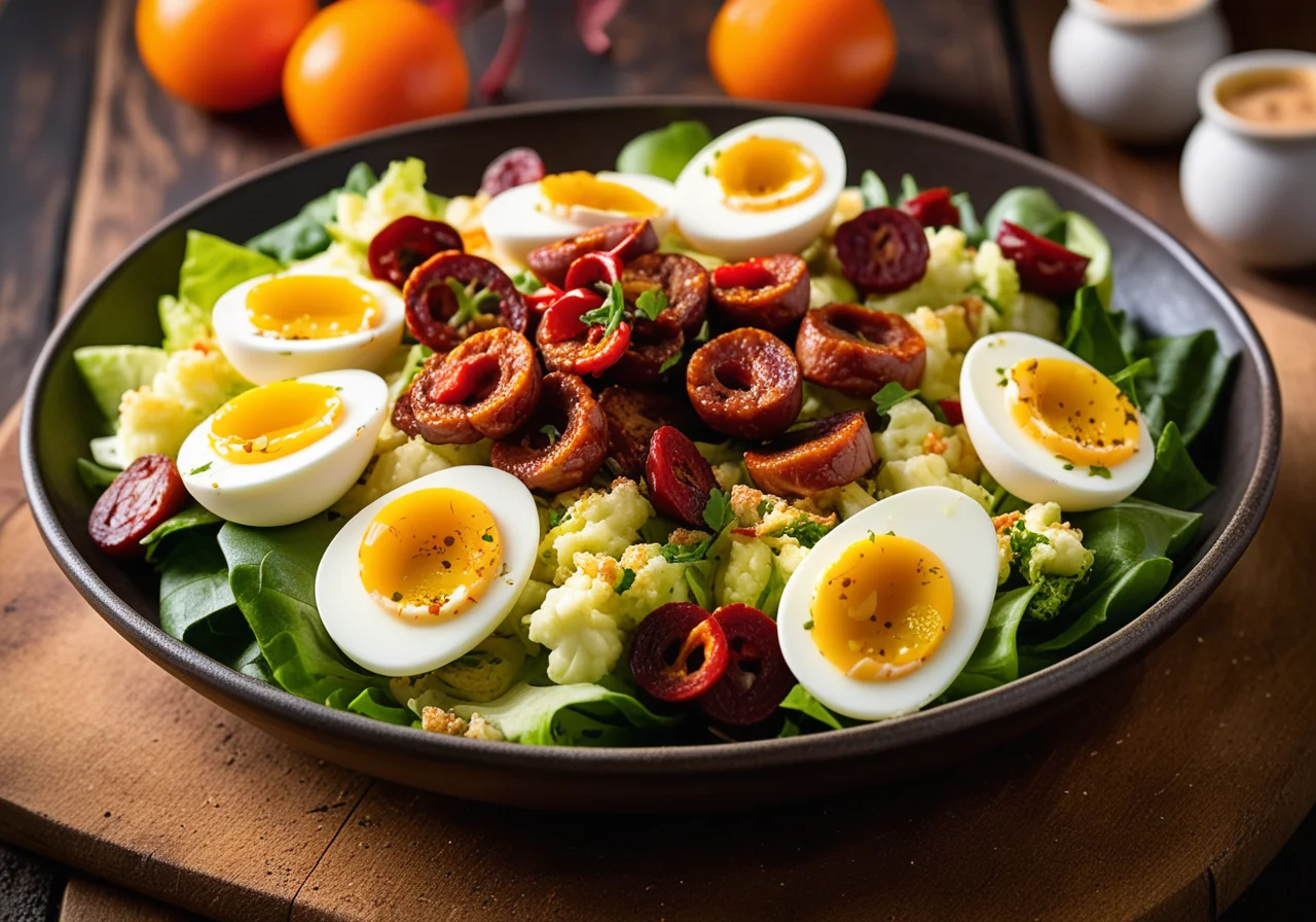 Tapas: Salad with Egg and Chorizo, Spicy Cauliflower