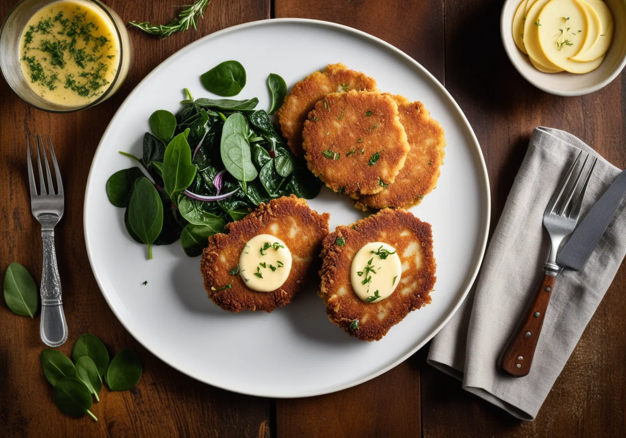 Veal Schnitzel with Spinach Filling and Potato Cakes